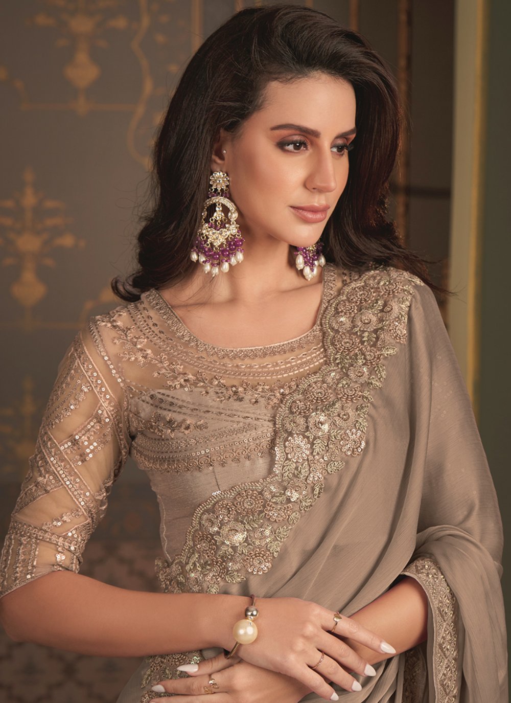 Shop Beige Chiffon Classic Sari Online : 280531 -