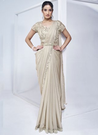 Beige Cord, Hand and Khatli Work Satin Silk Classic Saree