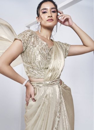Beige Cord, Hand and Khatli Work Satin Silk Classic Saree