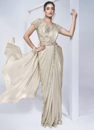 Beige Cord, Hand and Khatli Work Satin Silk Classic Saree