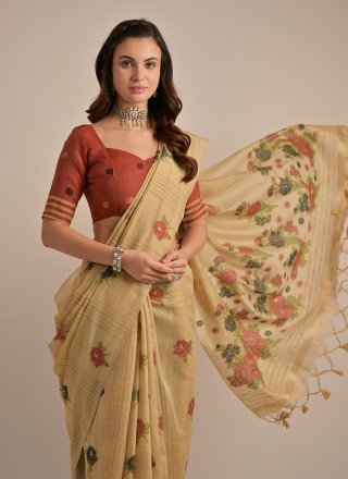 Beige Cotton Print Work Contemporary Saree