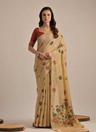Beige Cotton Print Work Contemporary Saree