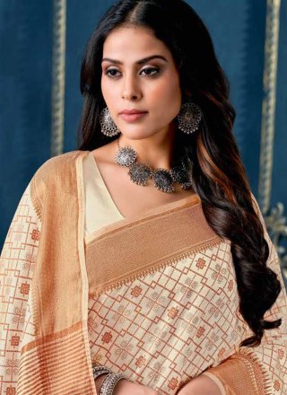 Beige Cotton Print Work Contemporary Saree for Casual
