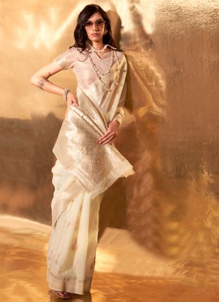 Beige Cotton Traditional Saree with Woven Work