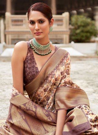 Beige Crepe Silk Designer Saree 