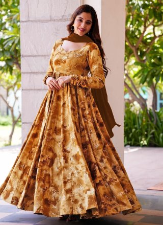 Beige Digital Print Work Rayon Designer Gown