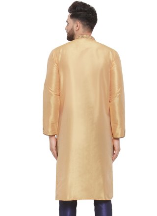 Beige Dupion Silk Embroidered Work Kurta Mens Wear