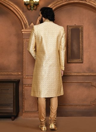 Beige Embroidered, Hand and Resham Work Art Silk Sherwani Mens Wear