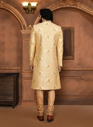 Beige Embroidered, Hand and Resham Work Art Silk Sherwani Mens Wear