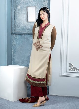 Beige Embroidered, Moti, Resham and Swarovski Work Georgette Palazzo Salwar Suit