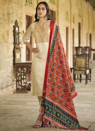 Beige Embroidered Work Silk Blend Readymade Salwar Suit