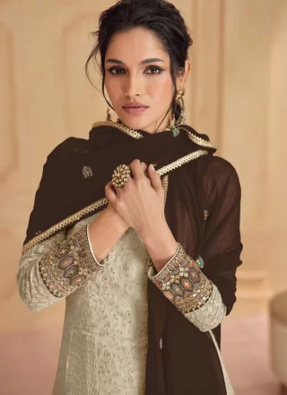 Beige Faux Georgette  Designer Gown with Embroidered and Sequins Work for Ceremonial