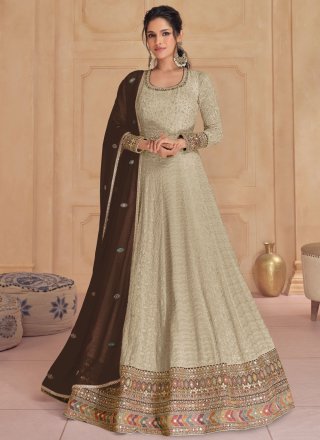 Beige Faux Georgette  Designer Gown with Embroidered and Sequins Work for Ceremonial