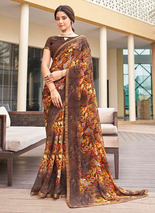 Beige Georgette Classic Saree with Print Work for Ceremonial