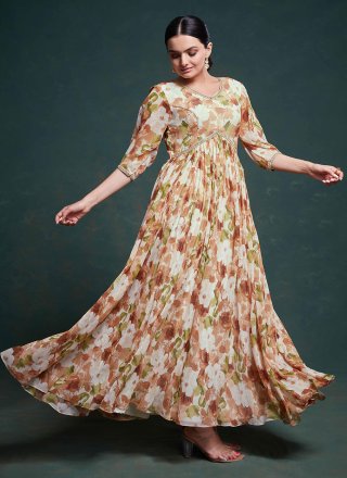 Beige Georgette  Designer Gown with Print Work for Women