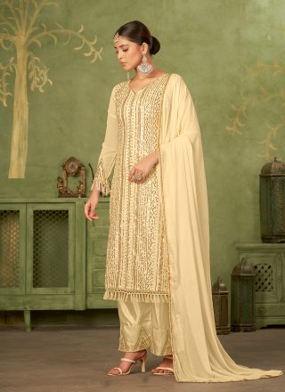 Beige Georgette Embroidered, Sequins and Thread Work Salwar Suit for Casual