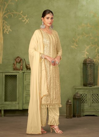 Beige Georgette Embroidered, Sequins and Thread Work Salwar Suit for Casual