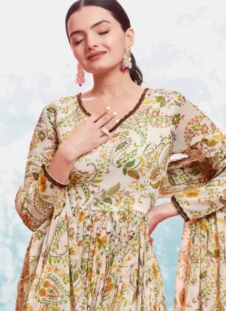 Beige Georgette Print Work Salwar Suit