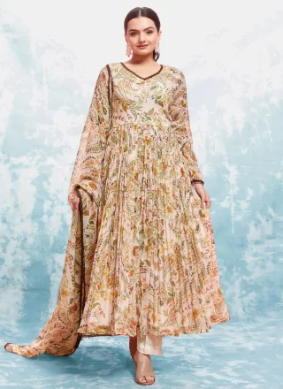 Beige Georgette Print Work Salwar Suit