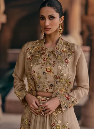 Beige Georgette Readymade Lehenga Choli In Plain for Ceremonial