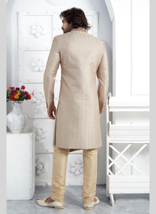 Beige Georgette Sherwani Mens Wear with Embroidered Work for Men
