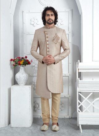 Beige Georgette Sherwani Mens Wear with Embroidered Work for Men
