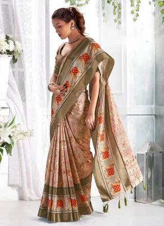 Beige Giccha Silk Contemporary Sari