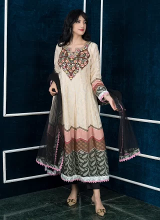 Beige Handloom Silk Embroidered, Gota and Resham Work Pant Style Suit for Ceremonial