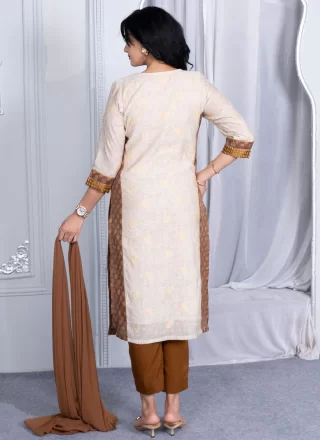 Beige Handloom Silk Embroidered, Woven and Zari Work Readymade Salwar Suit