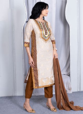 Beige Handloom Silk Embroidered, Woven and Zari Work Readymade Salwar Suit