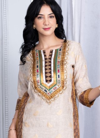 Beige Handloom Silk Embroidered, Woven and Zari Work Readymade Salwar Suit