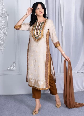 Beige Handloom Silk Embroidered, Woven and Zari Work Readymade Salwar Suit