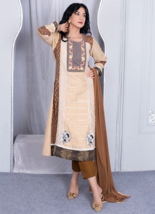 Beige Handloom Silk Salwar Suit with Embroidered, Lace and Thread Work