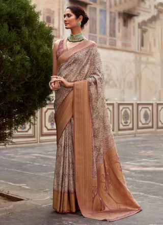 Beige Handloom Silk Woven Work Classic Sari for Ceremonial