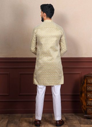 Beige Silk Kurta Pyjama with Chikankari and Embroidered Work