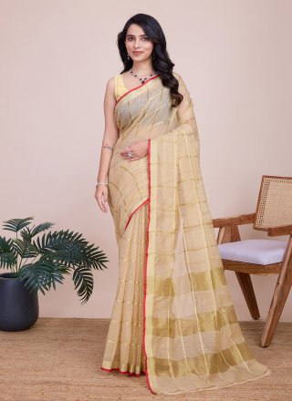 Beige Kota Doriya Weaving and Zari Work Contemporary Saree
