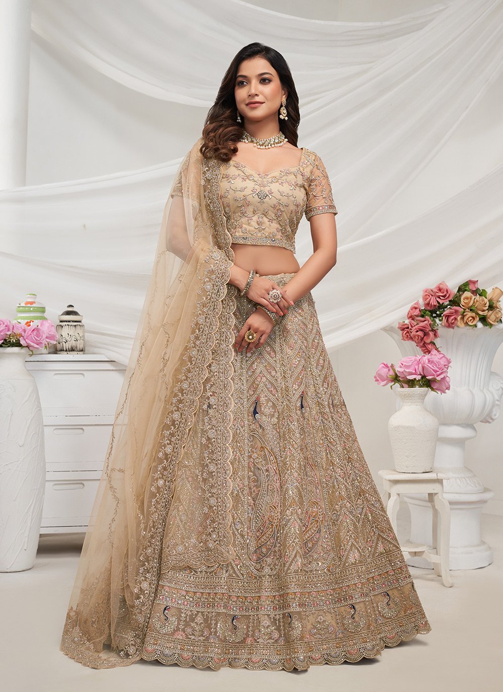 Shop Beige Net A Line Lehenga Choli with Embroidered Sequins and Stone Work Online 290110