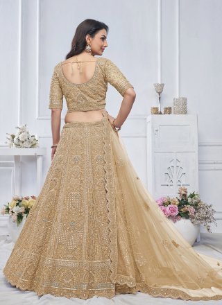 Beige Net A - Line Lehenga Choli with Embroidered, Sequins, Stone and Zari Work