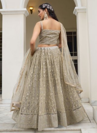 Beige Net Embroidered, Sequins and Thread Work A - Line Lehenga Choli for Women