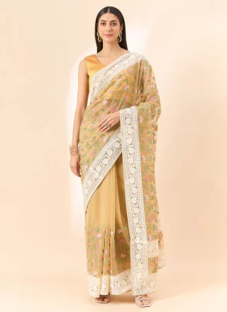 Beige Organza Designer Saree with Embroidered and Floral Patch Work for Women