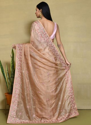 Beige Organza Embroidered and Sequins Work Contemporary Saree for Ceremonial