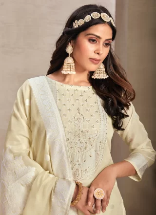 Beige Organza Salwar Suit with Diamond and Woven Work for Casual