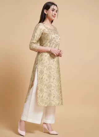 Beige Polyester Print Work Designer Kurti for Casual