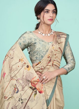 Beige Pure Crepe Digital Print Work Traditional Saree