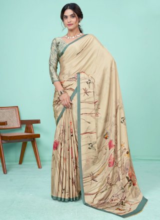 Beige Pure Crepe Digital Print Work Traditional Saree