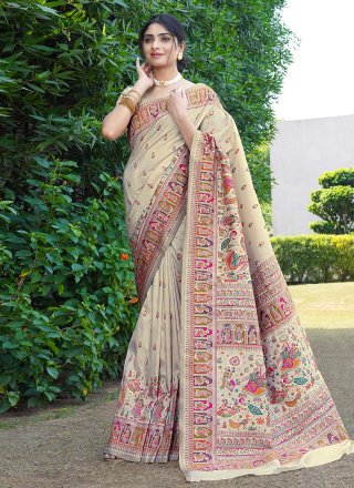 Beige Pure Silk Weaving Work Contemporary Saree for Women