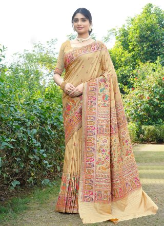 Beige Pure Silk Weaving Work Traditional Saree