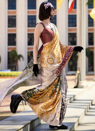 Beige Satin Abstract Print Work Contemporary Saree for Casual