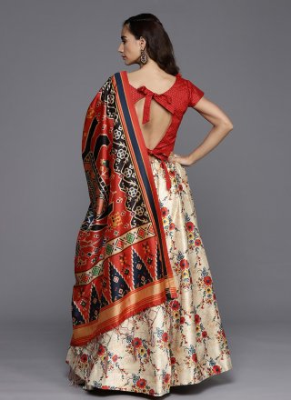 Beige Satin Silk A - Line Lehenga Choli with Digital Print Work
