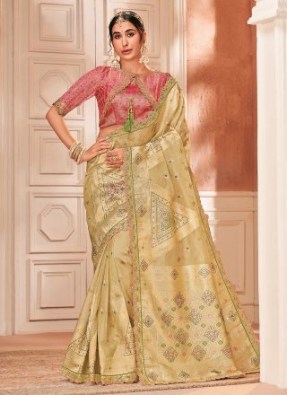 Beige Silk Classic Sari with Embroidered and Weaving Work for Party